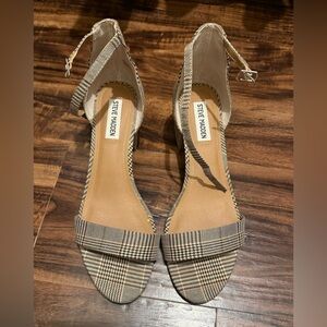 Steve Madden Irenee Plaid Ankle-Strap Heels in Beige and Black